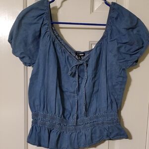 Fashion Nova Blue Puff Sleeve Blouse with Tie Front